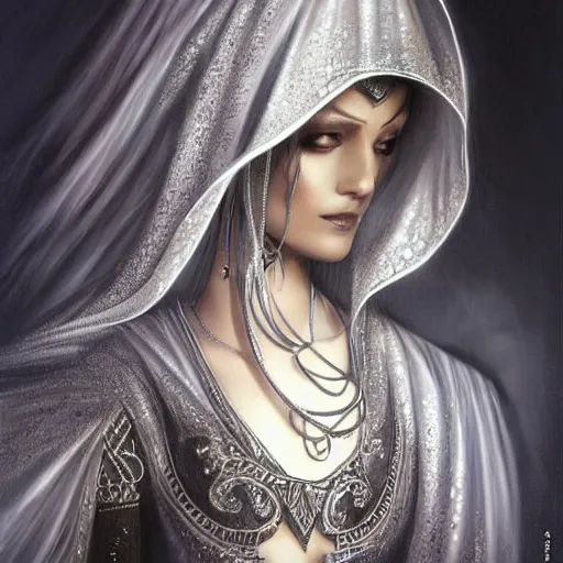 Prompt: a beautiful woman wearing a white niqab made of silver with jewelry and diamonds by alex gray and android jones, karol bak, ayami kojima, arabian, concept art, fantasy