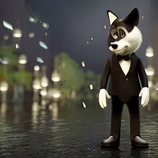 Prompt: a wolf as a gentleman wearing tuxedo on the pixar biome, smooth render, wet reflections, studio lighting, cinematic perspective, full hd