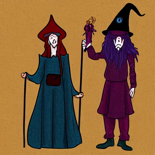 Image similar to a wizard and a witch, in the style of steven rhodes