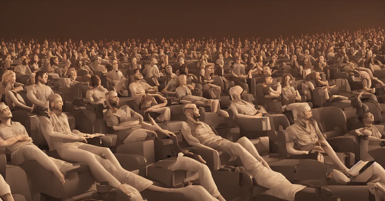 Prompt: human ego sit in cinema and watch warm light of consciousness projecting illusions of the lives on the big screen, deep sense of silence, contrast shading, unreal engine, vray,