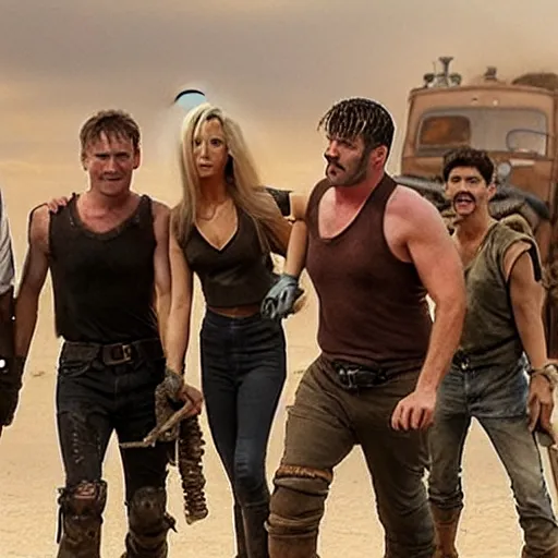 Image similar to The cast of Friends in Mad Max Fury Road (2015) dynamic action battle