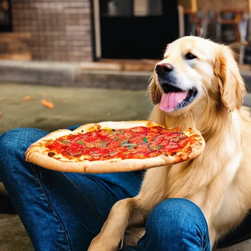 Prompt: Photo of a golden retriever eating pizza