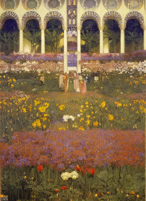 Image similar to the grand temple of flowers, by thomas cooper gotch and frederick arthur bridgman. pre raphaelite, art nouveau, fantasy architecture, symmetry