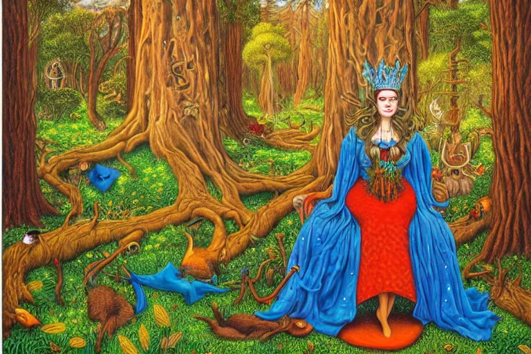 Image similar to a calm beautiful queen sitting in the forest by todd schorr, portrait,