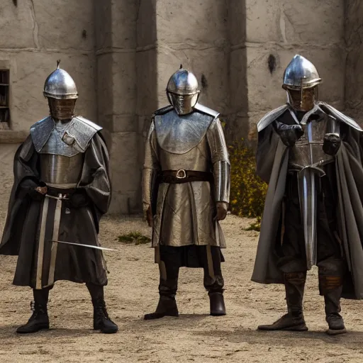 Image similar to walter white and gustavo fring dress like knights from game of thrones, fighting with swords, cinematic, highly - detailed, 8 k, hbo, game of thrones, realistic