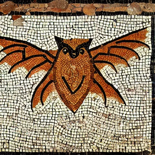 Prompt: medium shot Mosaic depicting a cute pet bat looking left, from Italica, AD 176-275. Archaeological Museum, Seville. Byzantine mosaics, highly detailed, HQ, HD, beautiful, National Geographic,