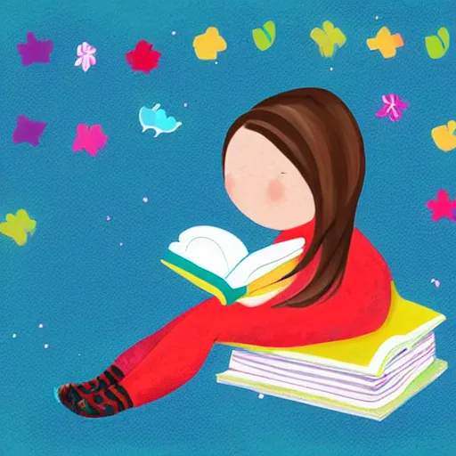 Image similar to a girl reading a book, digital art, children's book style, colourful, illustration