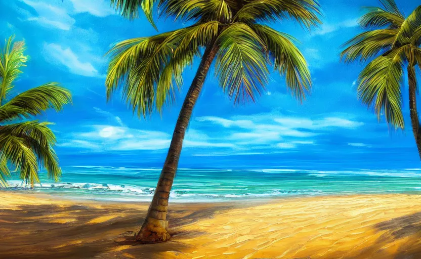 Prompt: A beautiful award winning painting of a tropical beach with palm trees and a wavy blue ocean trending on artstation vibrant color scheme lots detail 4k ultra HD at night