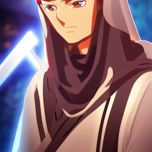 Prompt: Obi-Wan Kenobi as an anime character from Toei Animation. Extremely detailed. Beautiful. 4K.