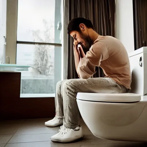 Image similar to a thoughtful young man sitting on a white marble toilet attentively staring at his smartphone, distant thoughtful look, modern apartment renaissance style