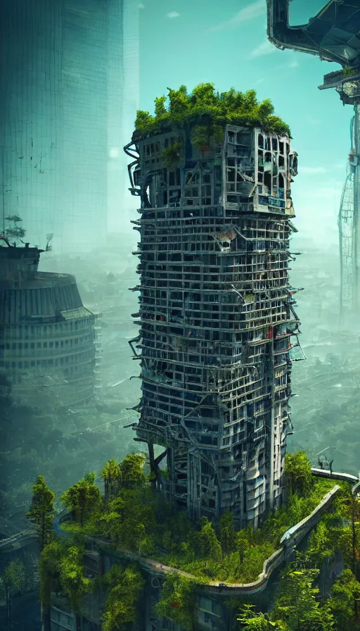 Prompt: tilt shift hyperdetailed skyscraper!!! made of vivarium!!! industrial architecture abandoned city nature by neil blevins, sunlight made of glass fisheye futuristic forest wilderness bioshock alien scifi, archdaily, wallpaper, highly detailed, trending on artstation.