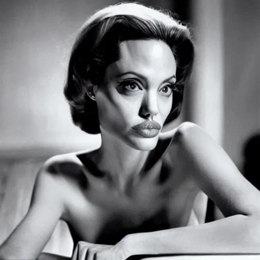 Prompt: Angelina Jolie, blonde, in Witness for the Prosecution (1957).