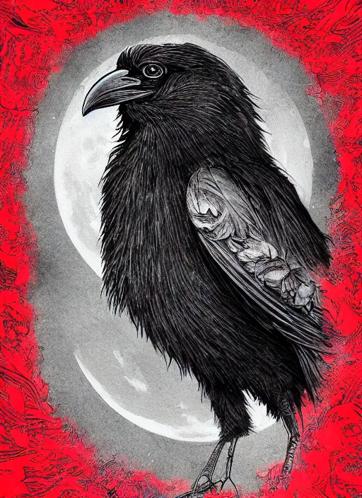 Image similar to portrait, A crow in front of the full big moon, book cover, red white and black colors, establishing shot, extremly high detail, foto realistic, cinematic lighting, pen and ink, intricate line drawings, by Yoshitaka Amano, Ruan Jia, Kentaro Miura, Artgerm, post processed, concept art, artstation, matte painting, style by eddie mendoza, raphael lacoste, alex ross