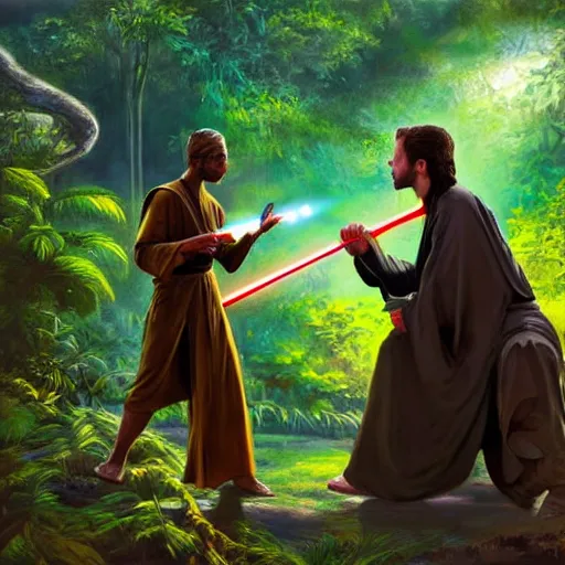 Image similar to stunning oil painting of a jedi master mentoring a jedi padawan on a lush jungle planet