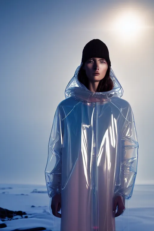 Image similar to an ultra high definition professional high fashion portrait studio full length photograph of a model wearing a transparent pearlescent raincoat and neon visor in an icelandic black rock environment at dawn. no artefacts. extremely detailed. stark. refraction. shallow depth of field. volumetric light and shadow. ray tracing. light rays.