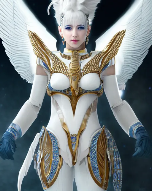 Image similar to perfect ornate white haired attractive egyptian goddess with huge white dove wings, warframe armor, beautiful, symmetric, dreamy, half asian, pretty face, blue eyes, detailed, scifi platform, laboratory, experiment, 4 k, ultra realistic, epic lighting, android body, illuminated, cinematic, masterpiece, art by akihito tsukushi, voidstar