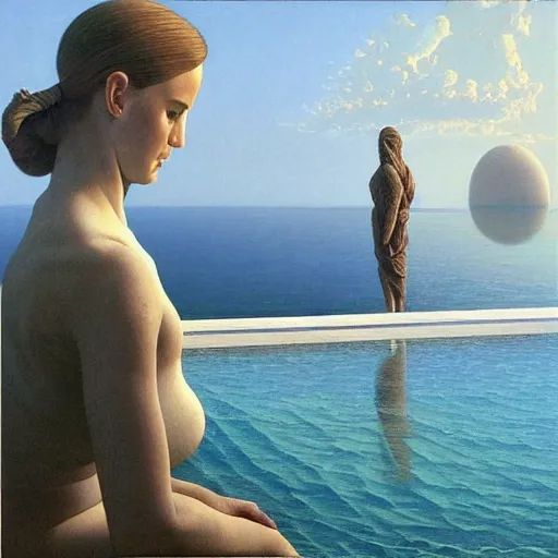 Image similar to David Ligare, scifi landscape, hyperrealistic surrealism, award winning masterpiece with incredible details, epic stunning, infinity pool, a surreal vaporwave liminal space, highly detailed, trending on ArtStation, artgerm and greg rutkowski and alphonse mucha, daily deviation, IAMAG, broken giant marble head statue ruins, golden hour