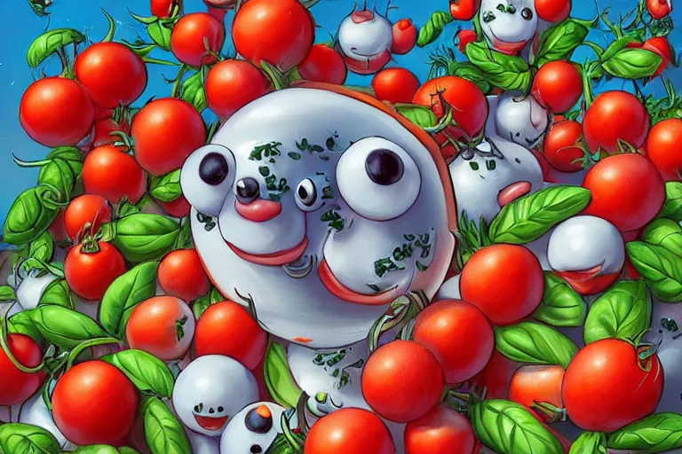 Image similar to a highly detailed cartoon of tomatoes playing with mozzarella balls, some sliced in half, basil leaves flying all over, playful vibe, full body, wide angle, an ultrafine detailed painting by joe fenton, trending on deviantart, pop surrealism, whimsical, lowbrow, perfect symmetrical face, sharp focus, octane, masterpiece