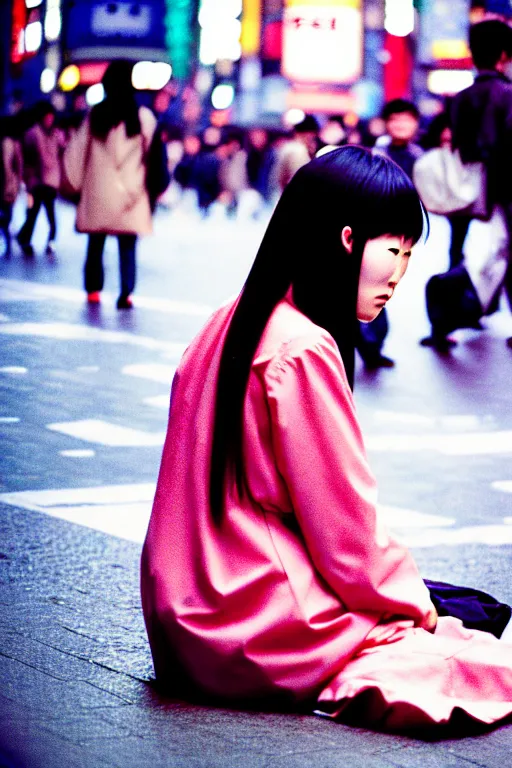 Prompt: dynamic street photography portrait of a pretty and beautiful japanese woman sitting at shibuya crossing, shot on cinestill 5 0 d with a 3 5 mm lens aperture f / 5. 6, dynamic composition, close up, full frame, full res sharp focus, realistic