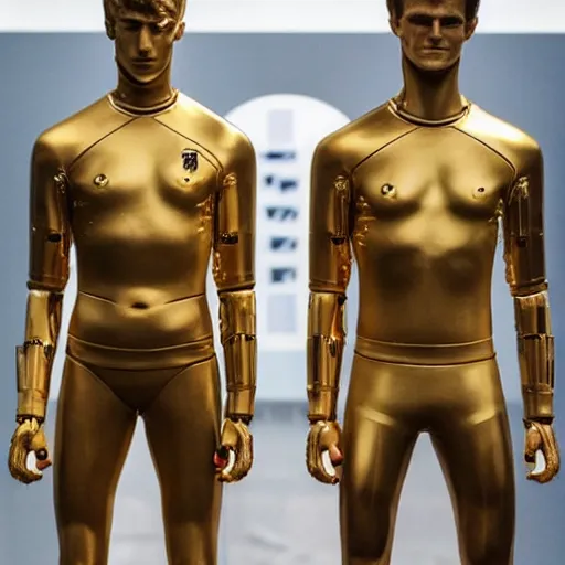 Image similar to a realistic detailed photo of a guy who is an attractive humanoid who is half robot and half humanoid, who is a male android, soccer players martin ødegaard & timo werner, shiny skin, posing like a statue, blank stare, in a museum, on display, showing off his muscles, gold soccer shorts, no jersey, side to side, statue