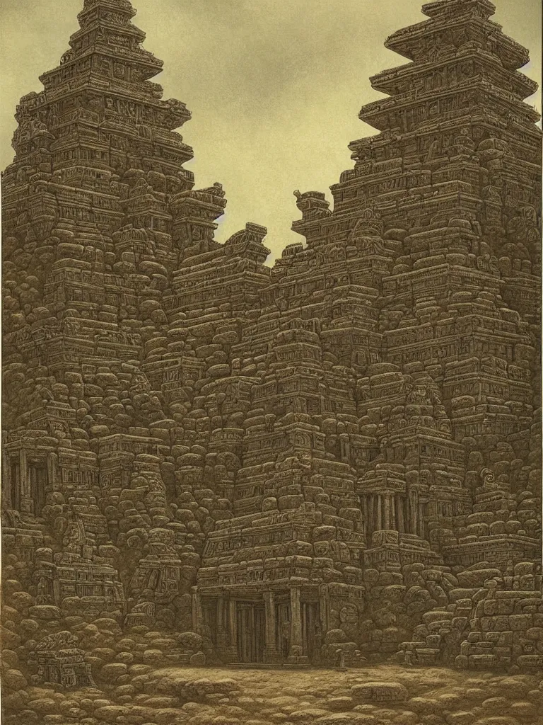 Image similar to mysterious ancient dieties hovering over magical temple, highly detailed by ernst steiner