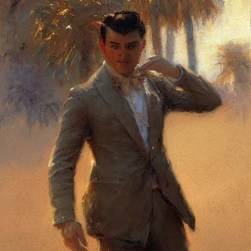 Prompt: a man with a pompadour haircut, painting by Gaston Bussiere, Craig Mullins