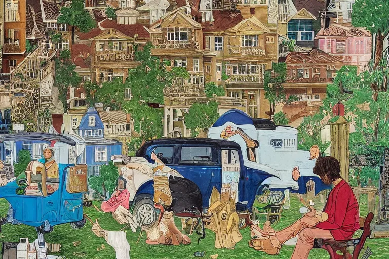 Image similar to an elaborate and dense painting of a beautiful peaceful neighborhood scene, detailed, made of alcohol ink on parchment and penned illustrations, by wes anderson!!!!!! and geoff darrow