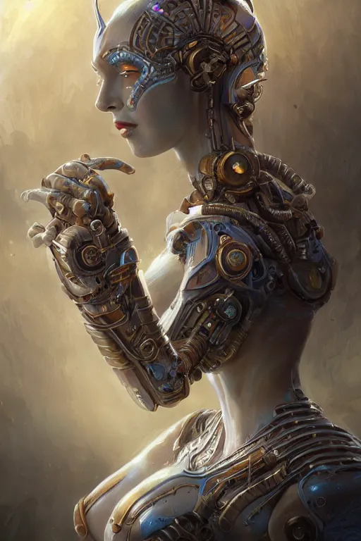 Image similar to portrait of a beautiful female hybrid cybernetic atlantean anubis elsa jean alien warrior, regal, realistic, refined, detailed, digital art, jessica rossier, michael cheval, esao andrews, steampunk, walt disney ( 1 9 3 7 ), francois boucher, oil painting, highly detailed, cinematic lighting, unreal engine, 8 k, hd