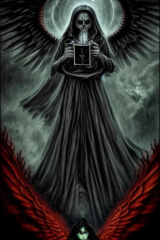 Prompt: dark angel holding a book of necronomicon, tarot card, symmetrical, cinematic, sharp focus, 4 k, ultra hd, sense of awe, sinister demonic atmosphere, dreadful, forbidden knowledge, old gods. demonology