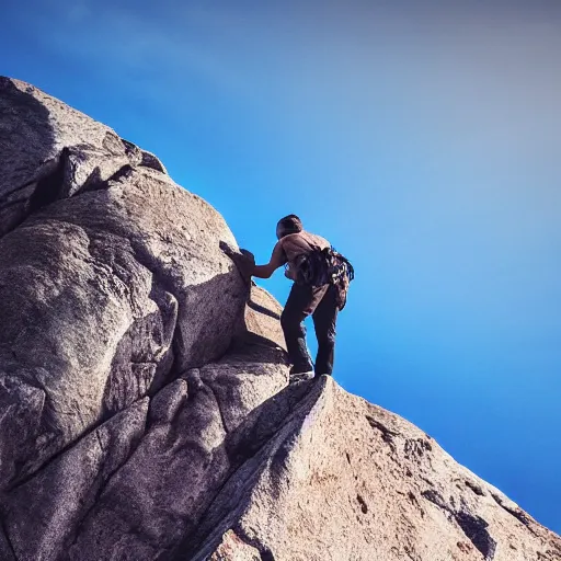 Image similar to a man climbing up a rocky mountain, no ropes, highly cinematic, dramatic, beautiful lighting, god rays, award winning photograph, national geographic, highly detailed, 4k