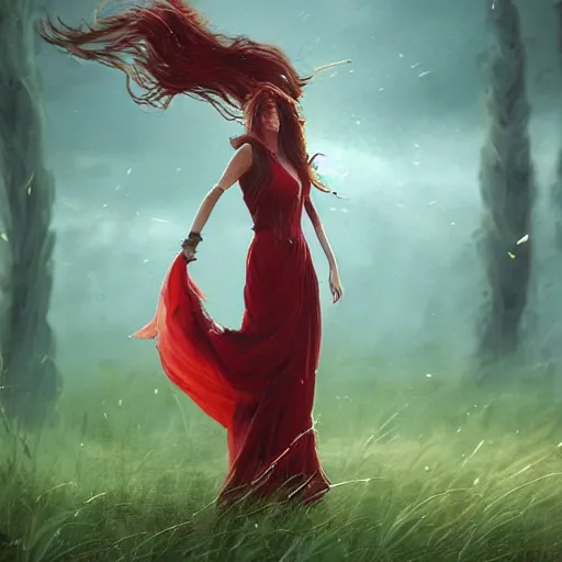 Prompt: a woman with long hair and with red long dress balancing with wind on a lawn, with weeds and some trees, highly detailed, illustration, fantasy art, in the style of greg rutkowski, epic, fantasy, intricate, hyper detailed, artstation, concept art, smooth, sharp focus, ray tracing