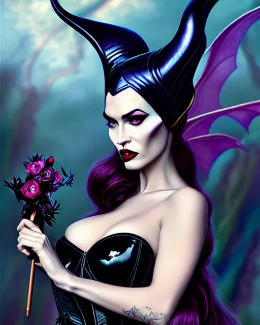 Image similar to new art nouveau portrait of fantasy succubus maleficent megan fox wearing a latex corset, anna dittmann, patrick nagle, charlie bowater and loish. long windblown hair, very large, clear, expressive, and intelligent eyes, ultrasharp focus, dramatic lighting, photorealistic digital matte painting, intricate ultra detailed background.