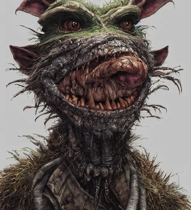 Prompt: hyper realistic portrait of postapocalyptic muppet monster goblin, cinematic, symmetric, dark crystal, artstation, cgsociety, alan lee, brian froud, jean baptiste monge, scott radke