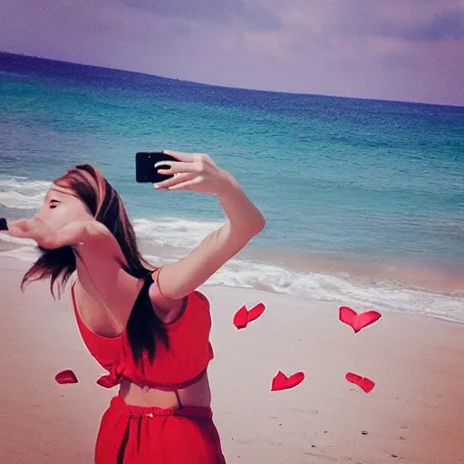 Prompt: “a college girl taking a selfie on the beach with lots of hearts in the air”