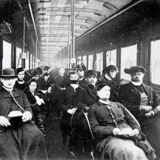 Prompt: an old historical photo of commuters in the train to new york, 1 8 9 0, everybody is looking on their smartphones