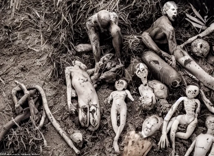 Image similar to sensual scene from art house film by alejandro jodorowsky, roger ballen, surreal scene of an occult ritual in a picturesque outdoors setting, ashes, new guinea mud man, costumes, snakes, smoke, burned dolls, close - up of the actors'faces, sharp, leica 3 5 mm, 1 6 k