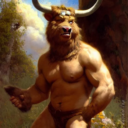 Image similar to a portrait of a furry minotaur wearing a tshirt and pants, furry body, furry chest, furry arms, furry legs, tail. highly detailed painting by gaston bussiere, craig mullins, j. c. leyendecker, furry