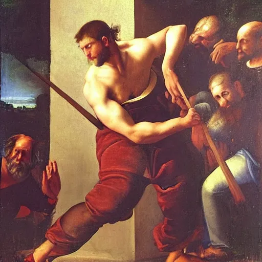 Prompt: man renaissance painting for a man swinging a 2 x 4 at other people in van nuys california