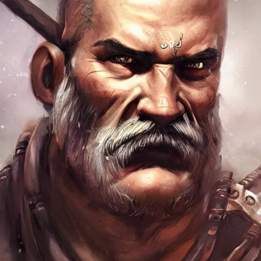 Image similar to portrait old barbarian warrior with face tattoo and trucker mustache, 8 k, trending on art station, by tooth wu and greg rutkowski