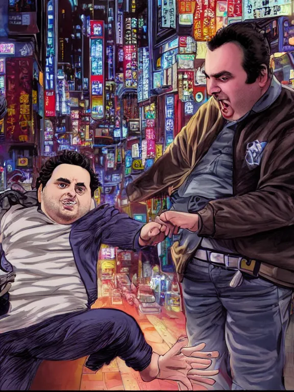 Prompt: rich evans defends mike stoklasa from a crackhead wookie in neo tokyo, hyperrealistic, 4 k, ultra detailed, intricate detail, photorealistic.