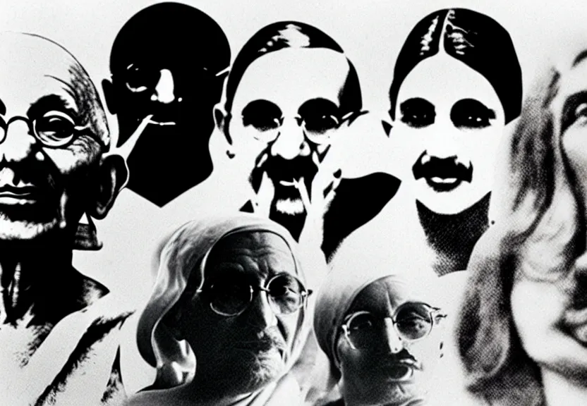 Image similar to Gandhi , Obama, Jesus, And Lady GaGa sharing a joint smoking in a circle, photograph credit: AP, Andy Warhol, photograph, by Beeple