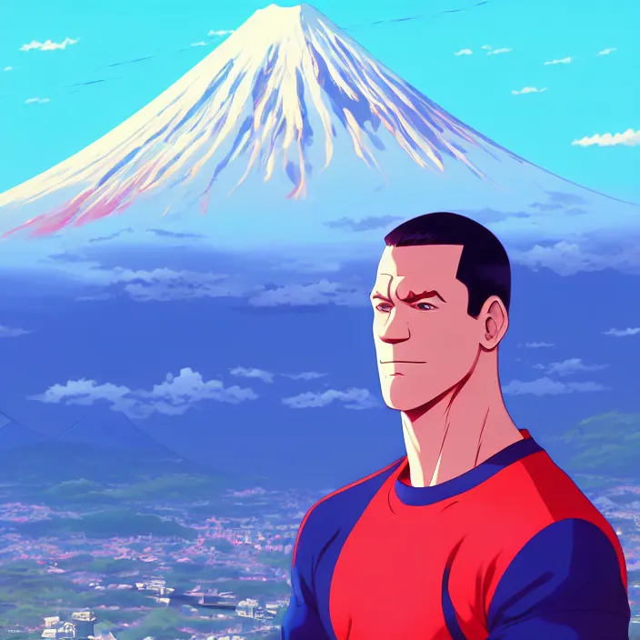 Image similar to portrait of john cena, mount fuji background, rich vivid colors, ambient lighting, dynamic lighting, 4 k, hq, official media, anime key visual, makoto shinkai, ilya kuvshinov, lois van baarle, rossdraws, detailed, trending on artstation