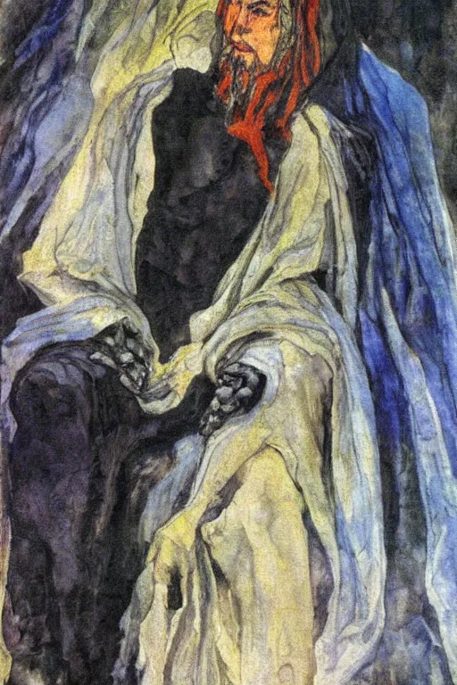 Prompt: comics sandmanin a cloak by Neil Gaiman, in style The Demon Seated, by Mikhail Vrubel, oil painting, art gallery, art museum, small details, whole-length, hyperrealism, black cloak, Beautiful face