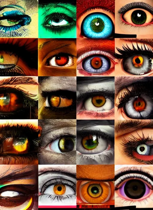 Prompt: grid montage of eyes, detailed colored textures, eyelashes, advanced art, art styles mix, from wikipedia, wet reflections in eyes, sunshine light, hd macro photograph, from side, various eyelid positions, black pupil centered