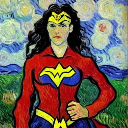 Image similar to Portrait painting of modern Vincent Van Gogh but in a Wonder Woman costume cosplaying as Gal Godot Wonder Woman Superhero by Claude Monet, original Post Impressionist art