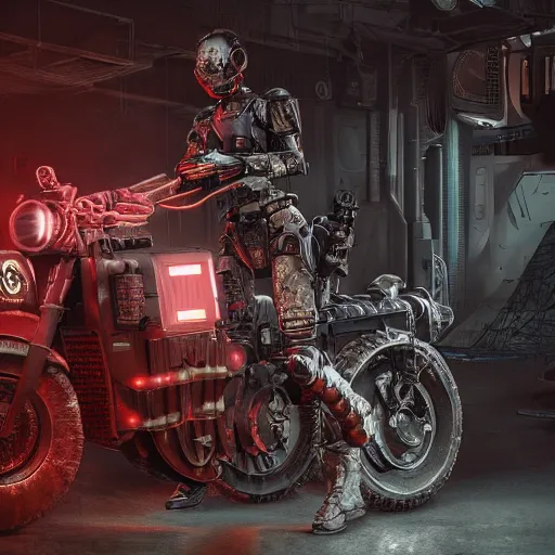 Image similar to panorama industrial military robot on a sci-fi military style motocycle, wearing bullet-riddled armor, glowing red eyes, wearing brutalist art deco industrial cyberpunk alley, dynamic dramatic dark moody lighting,shadows,cinematic atmosphere,Artstation, hyperrealistic 3D digital art,Octane render,8K 4K UHD image