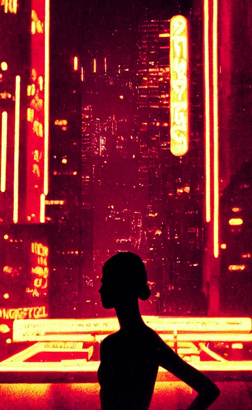Image similar to vertical movie frame, silhouette of a girl in 7 0's retro club, editorial, fashion, neon - decorated urban on night in the city seen through the window, modern architecture design, vintage, night, blade runner, dark, clean lines, asian futuristic city at distance, big windows, octane, wide angle
