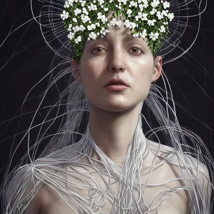 Image similar to hyperrealist portrait of a symmetrical queen 2 0 4 4 space sport engineer, it is decorated with long white wires and white flowers that fall like vines and wears a huge computer crown by roberto ferri, fantasy art, photo realistic, dynamic lighting, unreal engine rendered, artstation, poster, dramatic light, very detailed faces, - 8 k, award winning