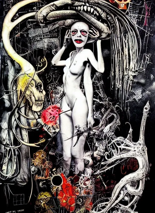 Prompt: she had never imagined that curiosity was one of the many masks of love. ralph steadman art, ralph steadman, giger, heavy metal magazine, nouveau realisme decollage, surreal object photography, haute couture, lowbrow pop surrealism, street art, alchemy