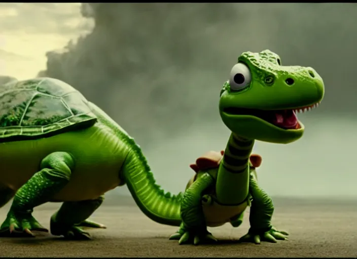 Image similar to film still of yoshi in the new sci - fi movie, cute upright dinosaur standing on its hind legs with a small turtle shell and long tongue, 8 k